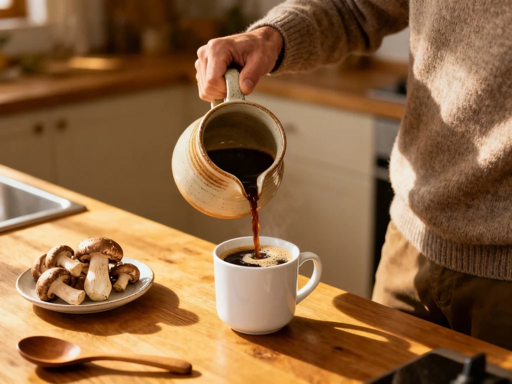 Un homme se sert une tasse de café aux champignons