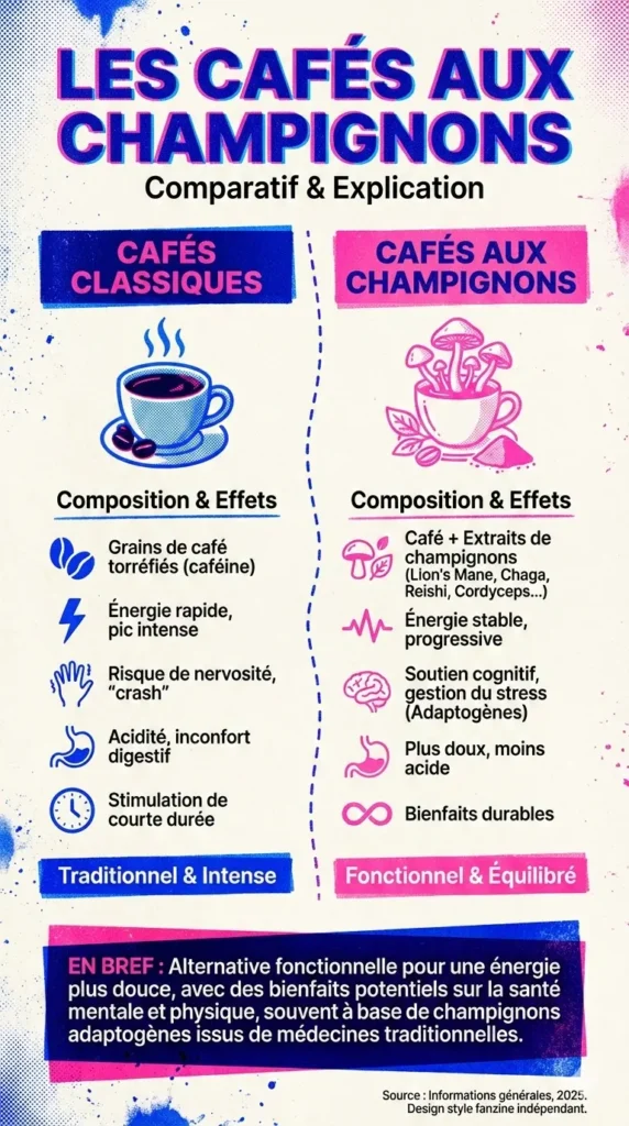Infographie : quels sont les effets du café classique par rapport au café aux champignons
